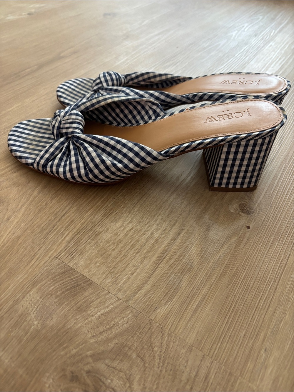J. Crew Navy and White Gingham Knot Mules
